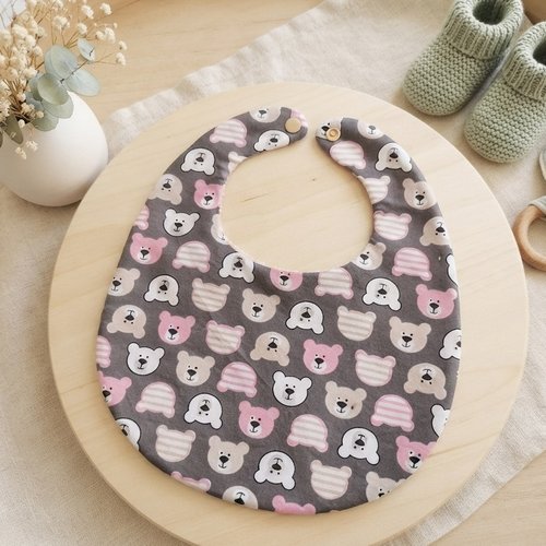 Bavoir bébé coton motif têtes d'ours et éponge rose