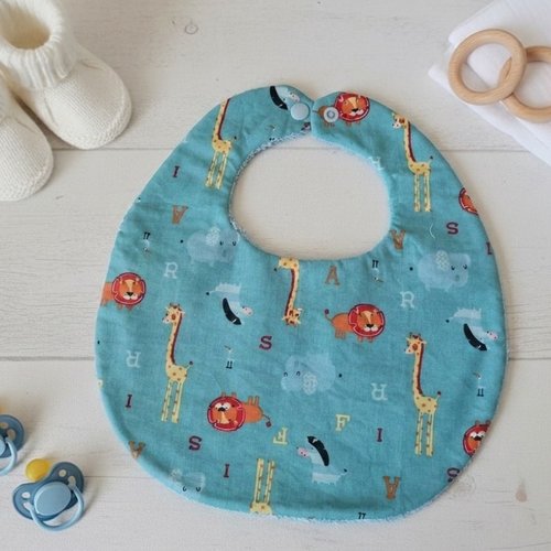 Bavoir bébé coton bleu et motif animaux