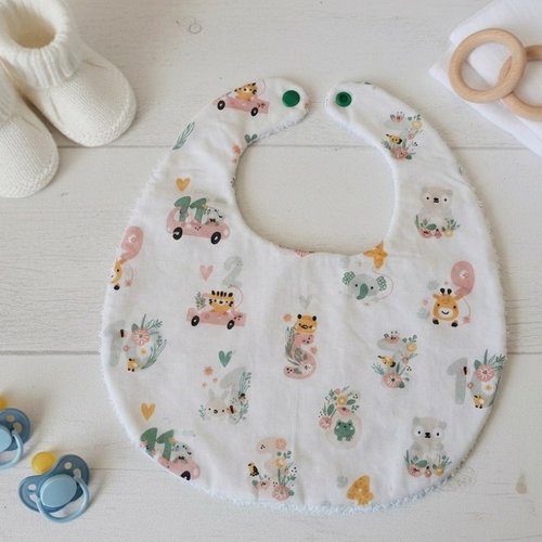 Bavoir bébé coton blanc et motif animaux