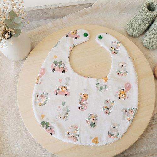 Bavoir bébé coton blanc motif animaux et éponge blanche