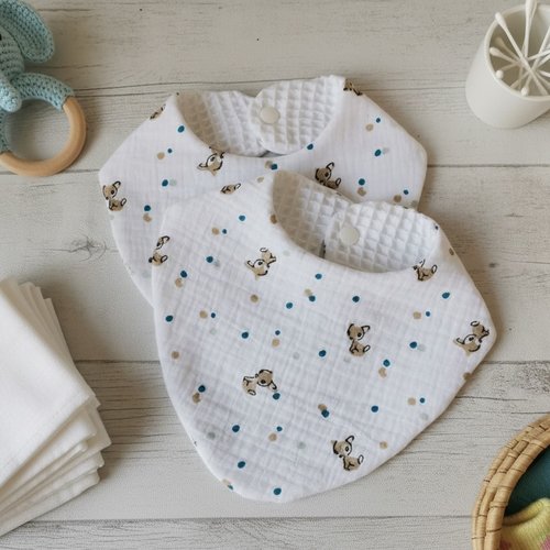 Lot de 2 bavoirs naissance double gaze blanche et éponge bambou