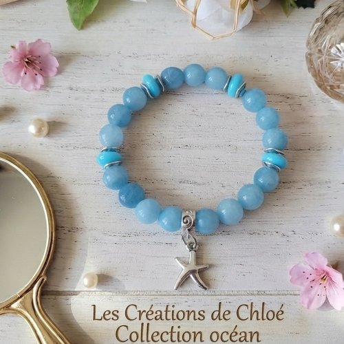 Bracelet perles en verre bleu et breloque étoile de mer