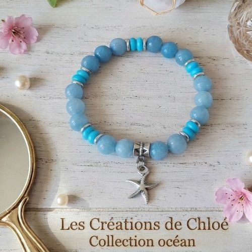 Bracelet perles en verre bleu et breloque étoile de mer