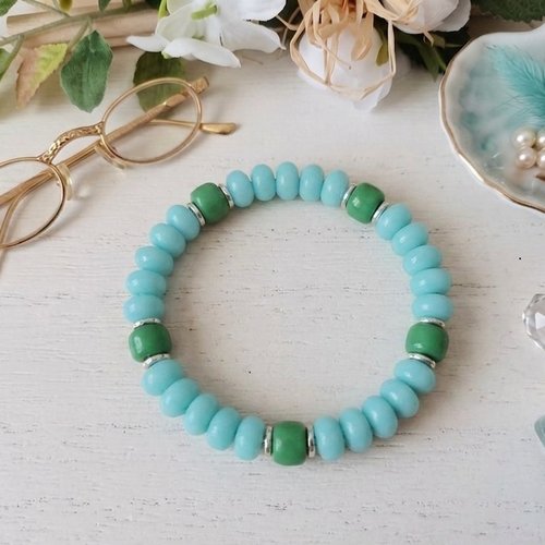 Bracelet perles en verre rondelle bleu vert