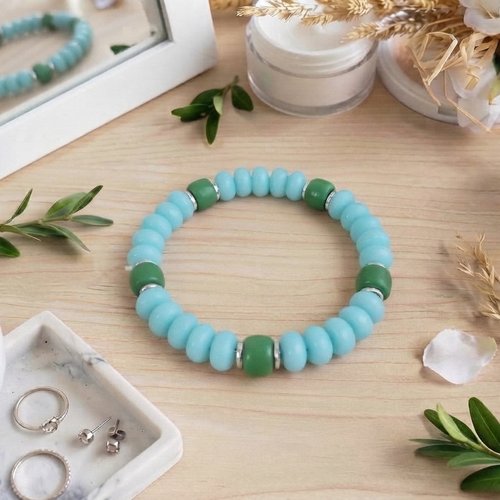 Bracelet perles en verre rondelle bleu vert