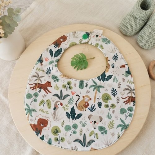 Bavoir bébé coton motifs animaux et éponge kaki