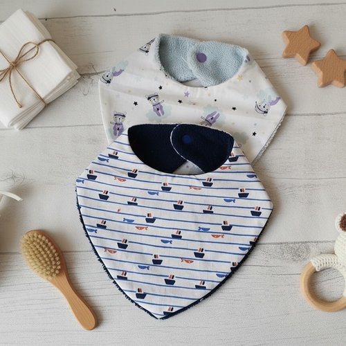 Lot de 2 bavoirs naissance coton et éponge bambou