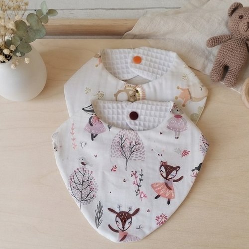 Lot de 2 bavoirs bandana coton blanc et nid d'abeilles