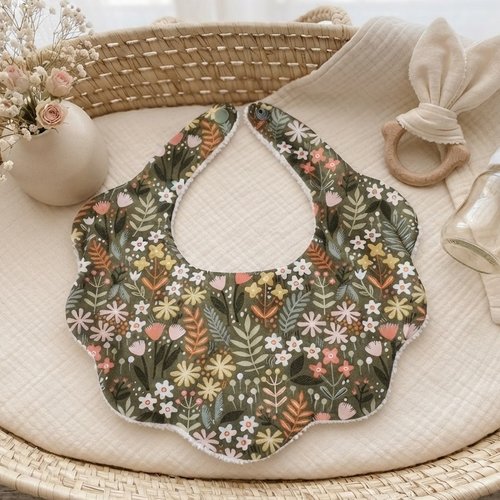 Bavoir bébé coton kaki imprimé fleurs et éponge blanche