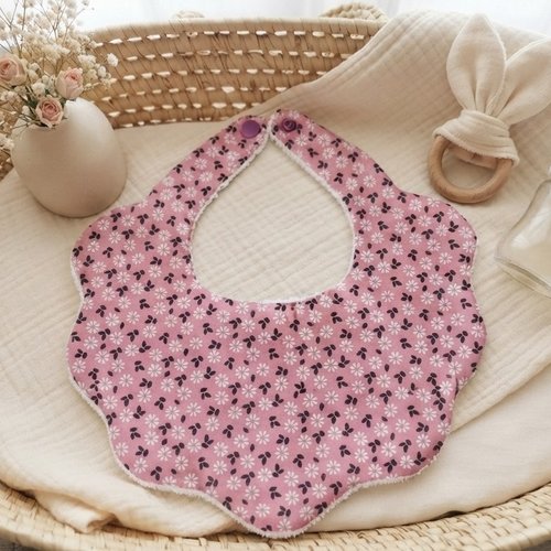 Bavoir bébé coton blanc imprimé fleurs et éponge blanche