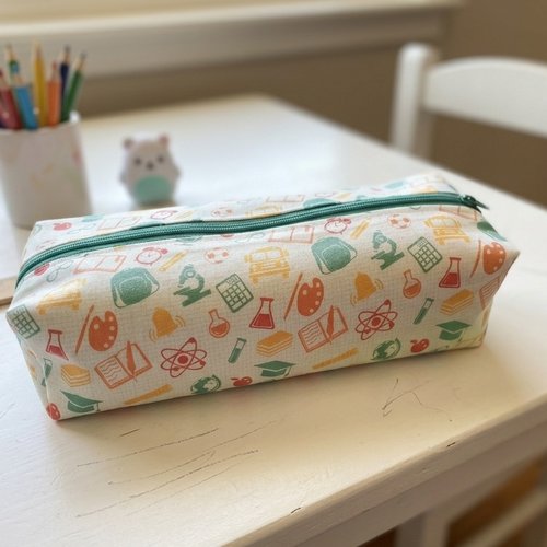 Trousse écolier vert blanc orange motifs fournitures scolaires