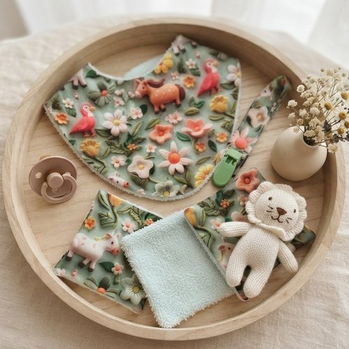 Coffret naissance/box naissance bavoir, doudou, attache tétine et 8 lingettes