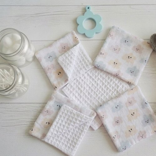 Lot de 6 lingettes bébé coton et nid d'abeilles blanche