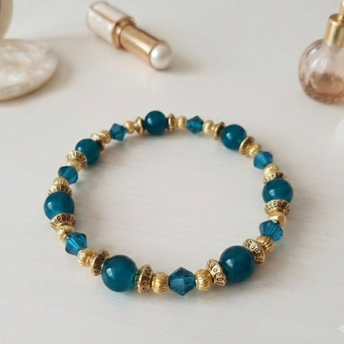 Bracelet perles en verre ronde et toupies turquoise