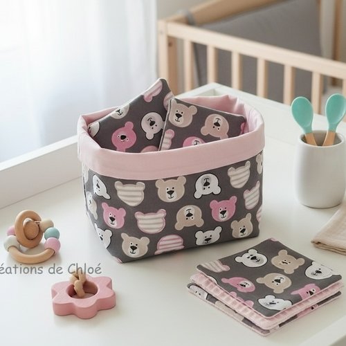 Panier et 12 lingettes bébé roses et grises
