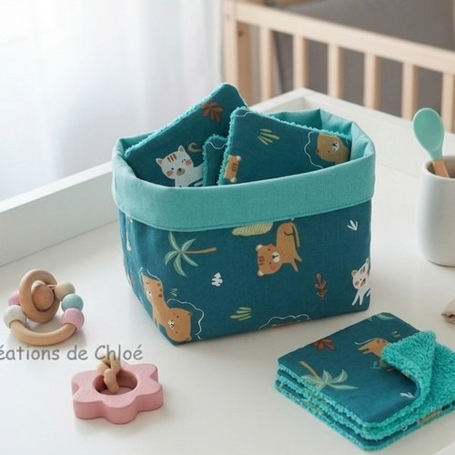 Panier et 12 lingettes bébé turquoise et vert