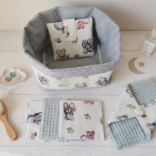 Ensemble naissance tissu blanc et bleu motif oursons