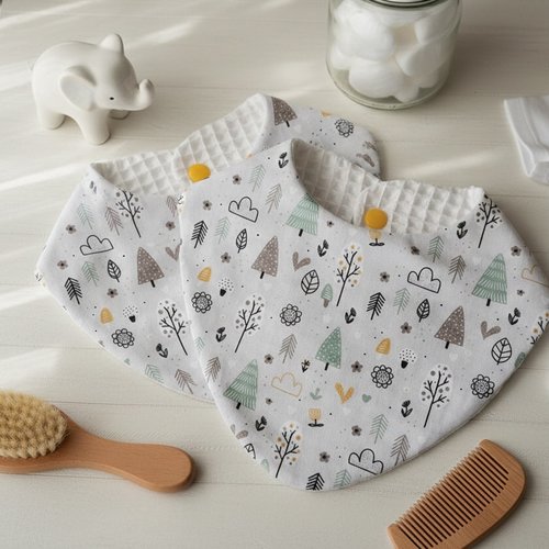 Lot de 2 bavoirs naissance coton gris et nid d'abeilles blanche