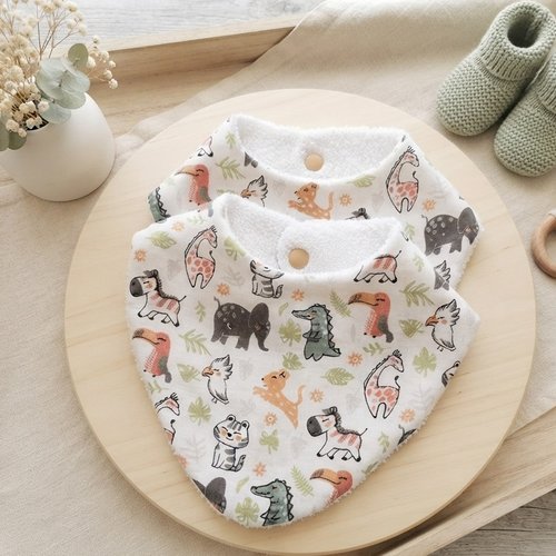 Lot de 2 bavoirs bandana coton blanc et éponge blanche