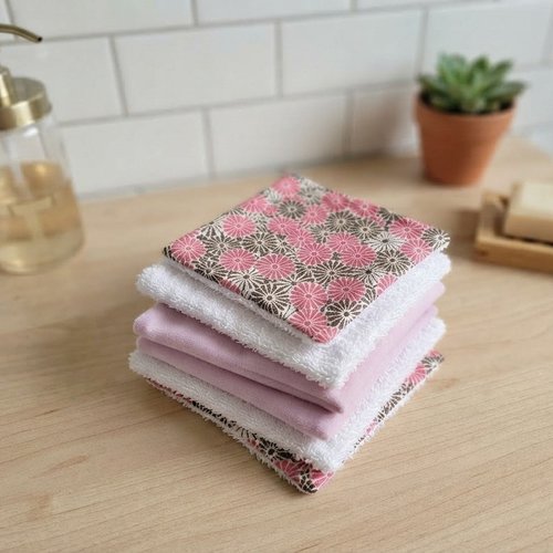 Lot de 8 lingettes démaquillantes coton imprimé et éponge
