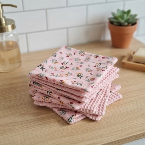 Lot de 12 lingettes démaquillantes coton imprimé et nid d'abeilles