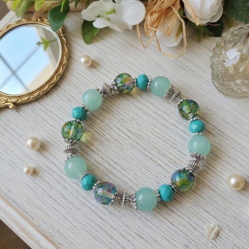 Bracelet perles en verre imitation jade verte