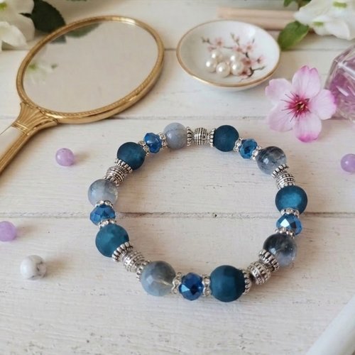 Bracelet perles en verre givré et craquelé bleue