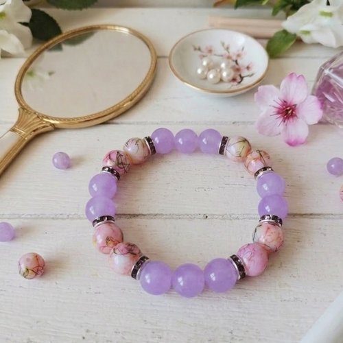 Bracelet perles en verre imitation jade mauve et rose tréfilé
