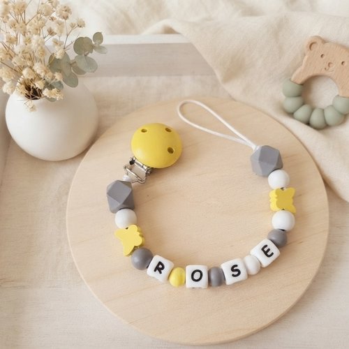 Attache tétine personnalisée perles bois et silicone