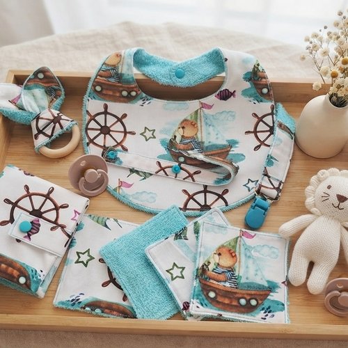 Ensemble naissance tissus blanc motif oursons bateaux
