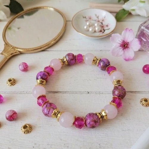 Bracelet perles en verre blanc rosé et fuchsia