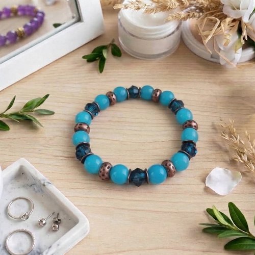 Bracelet perles en verre ronde et apprêts cuivre rouge
