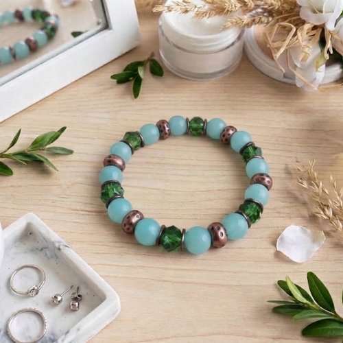 Bracelet perles en verre ronde et apprêts cuivre rouge