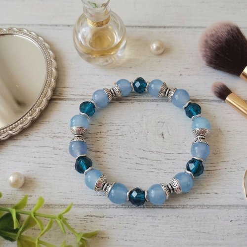 Bracelet perles en verre bleu clair et turquoise
