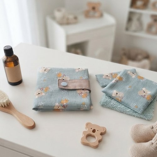 Ensemble pochette et 6 lingettes motif koala