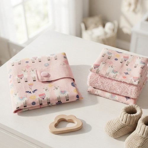 Ensemble pochette et 6 lingettes motif lama