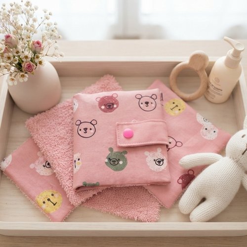 Ensemble pochette et 6 lingettes motif têtes d'ours