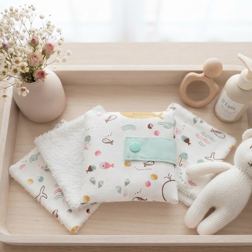 Ensemble pochette et 8 lingettes motif têtes d'ours
