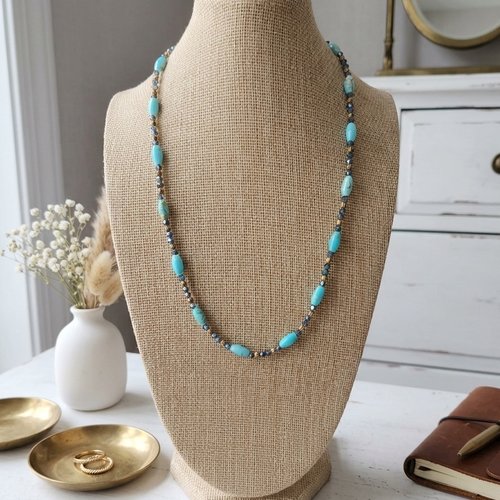 Collier sautoir bleu et doré