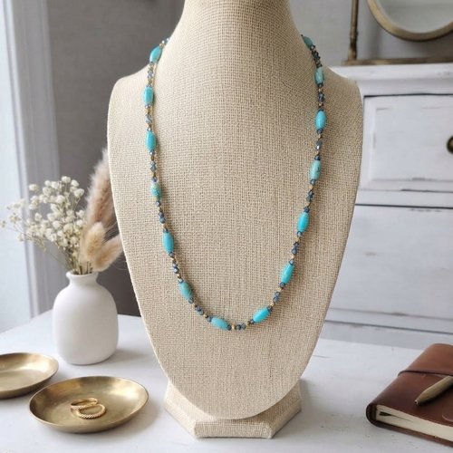 Collier sautoir bleu et doré