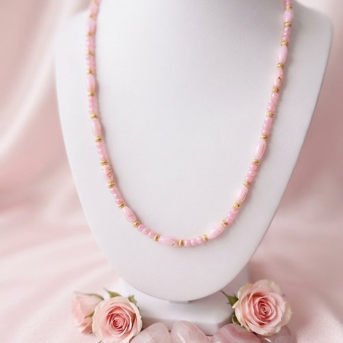 Collier sautoir rose et doré