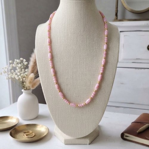 Collier sautoir rose et doré