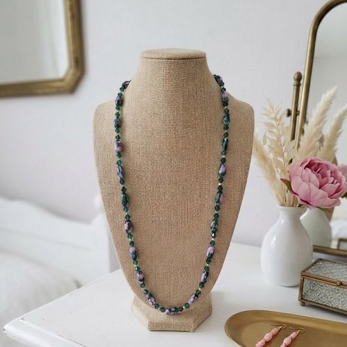 Collier sautoir vert et rose