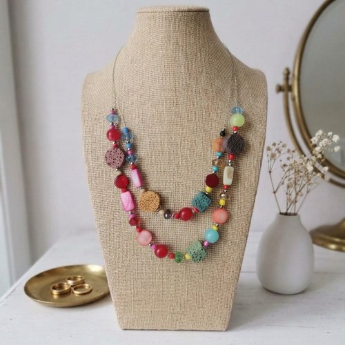 Collier double rang perles multicolores