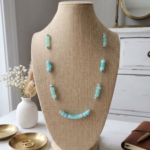 Collier sautoir perles en verre bleu vert