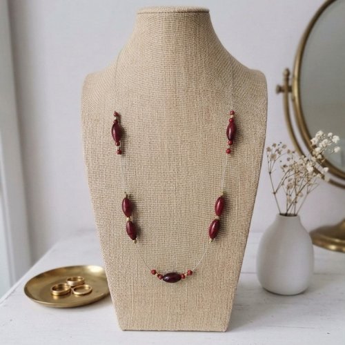 Collier perles en verre bordeaux et doré