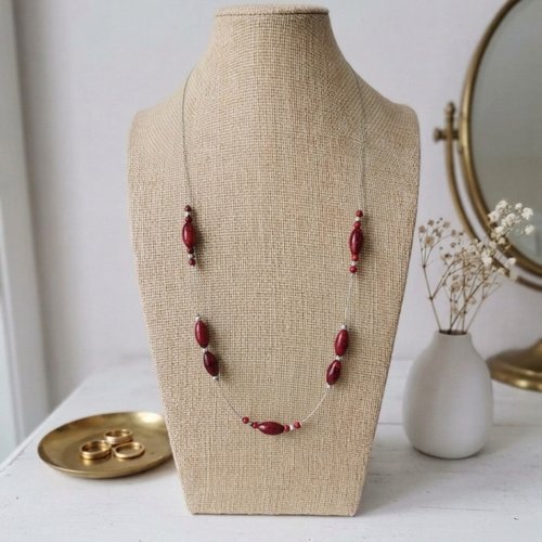 Collier perles en verre bordeaux et argent mat