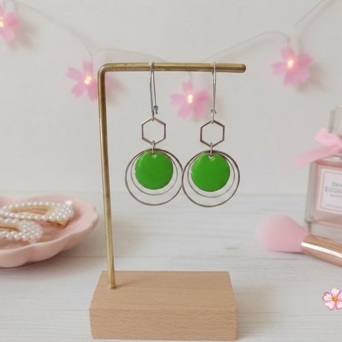 Boucles d'oreilles acier inoxydable anneaux et sequin émail