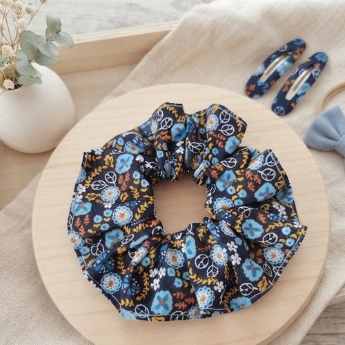Chouchou coton bleu marine à fleurs
