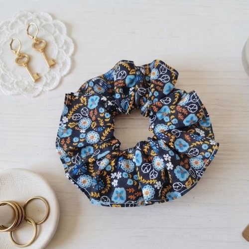 Chouchou coton bleu marine à fleurs